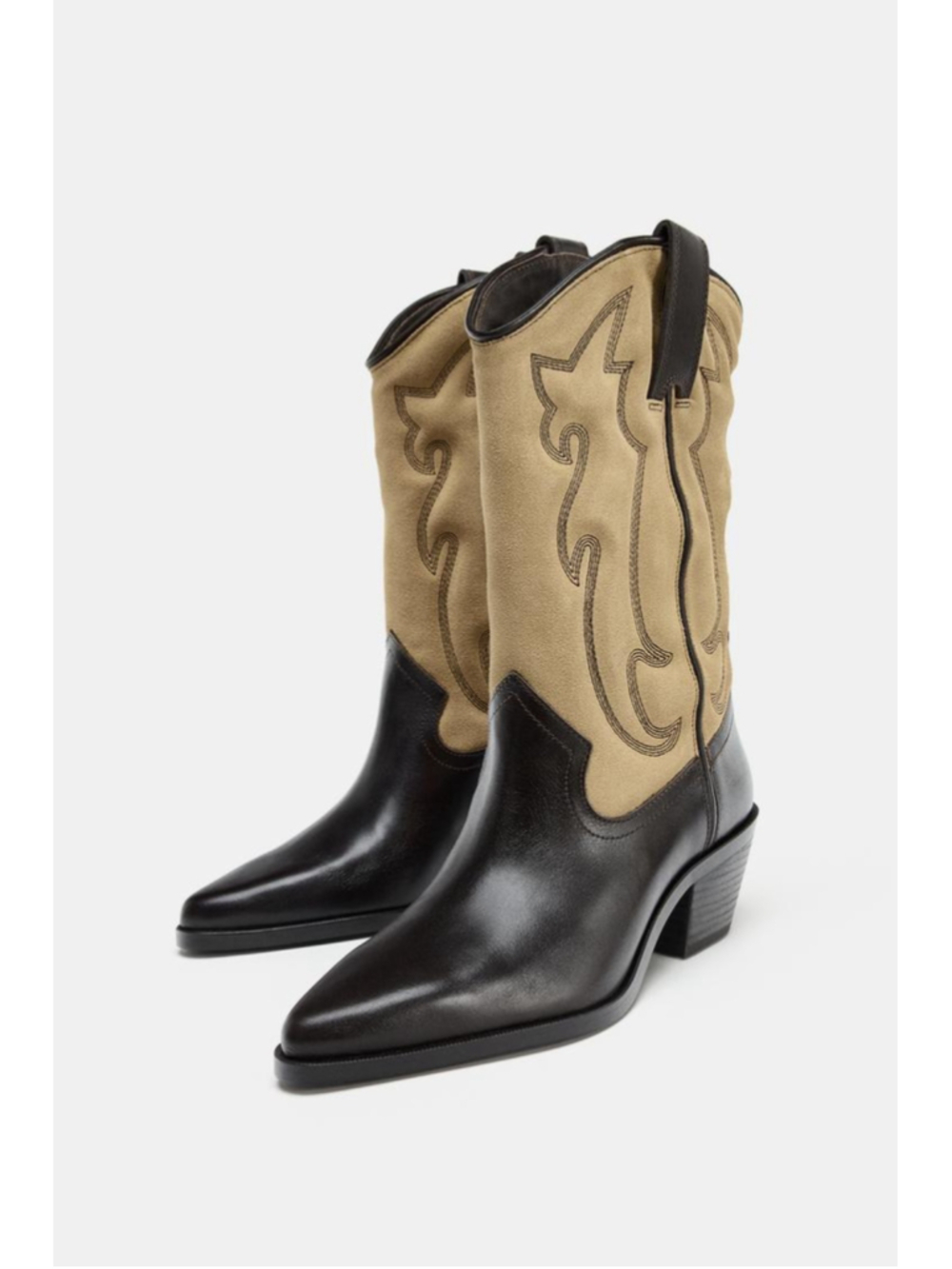 ZARA Embroidered Combined Leather Cowboy Boots – Size 39 EU